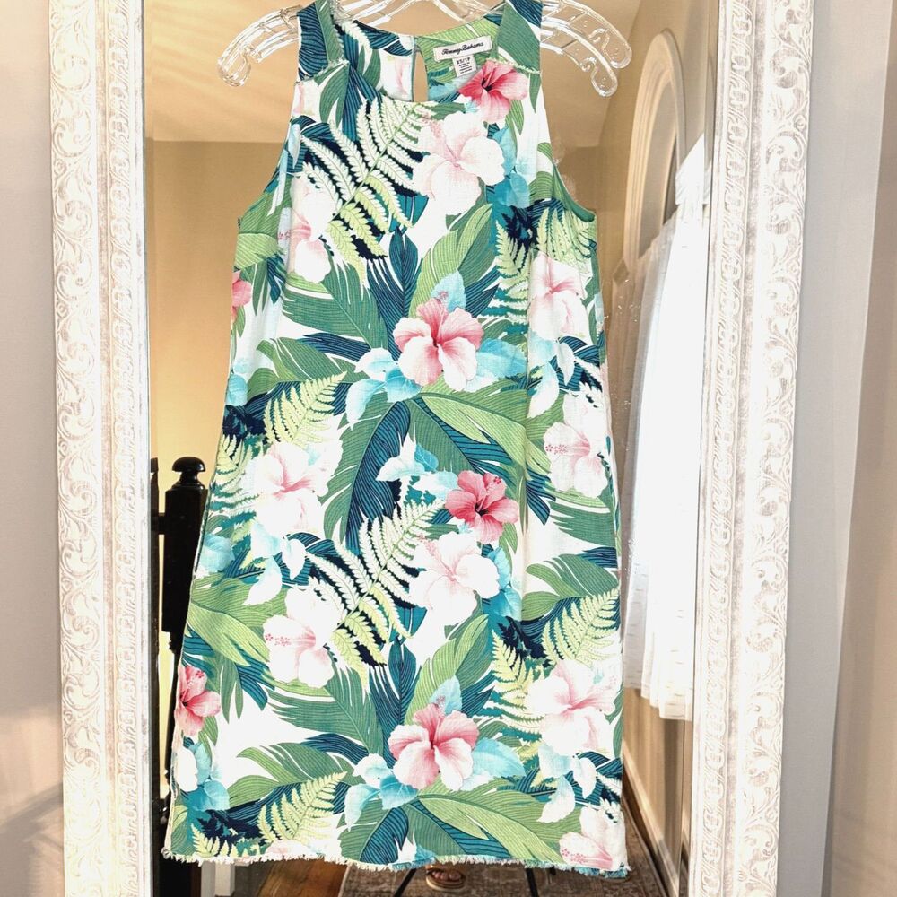 Tommy Bahama 100% Linen Tropical Floral Shift Dress,  Pockets, Fringe Hem, XS